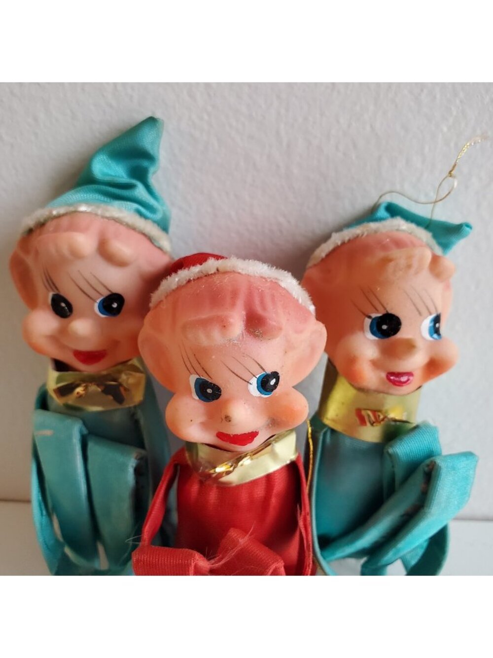 CHRISTMAS ORNAMENTS Knee Hugger Pixie Elves Korea Satin Lot 3 Vintage MCM Kitsch